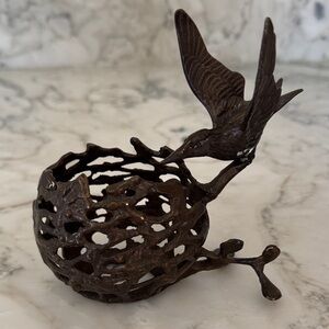 Bronze Hummingbird Bird Nest Branch Candle Holder Decor